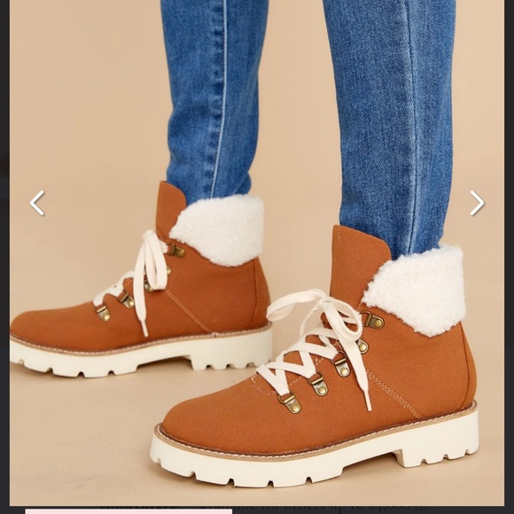 New Kennedy Cognac Suede Look Shearling  Trim  Hiker Boots various sizes - Picture 7 of 9